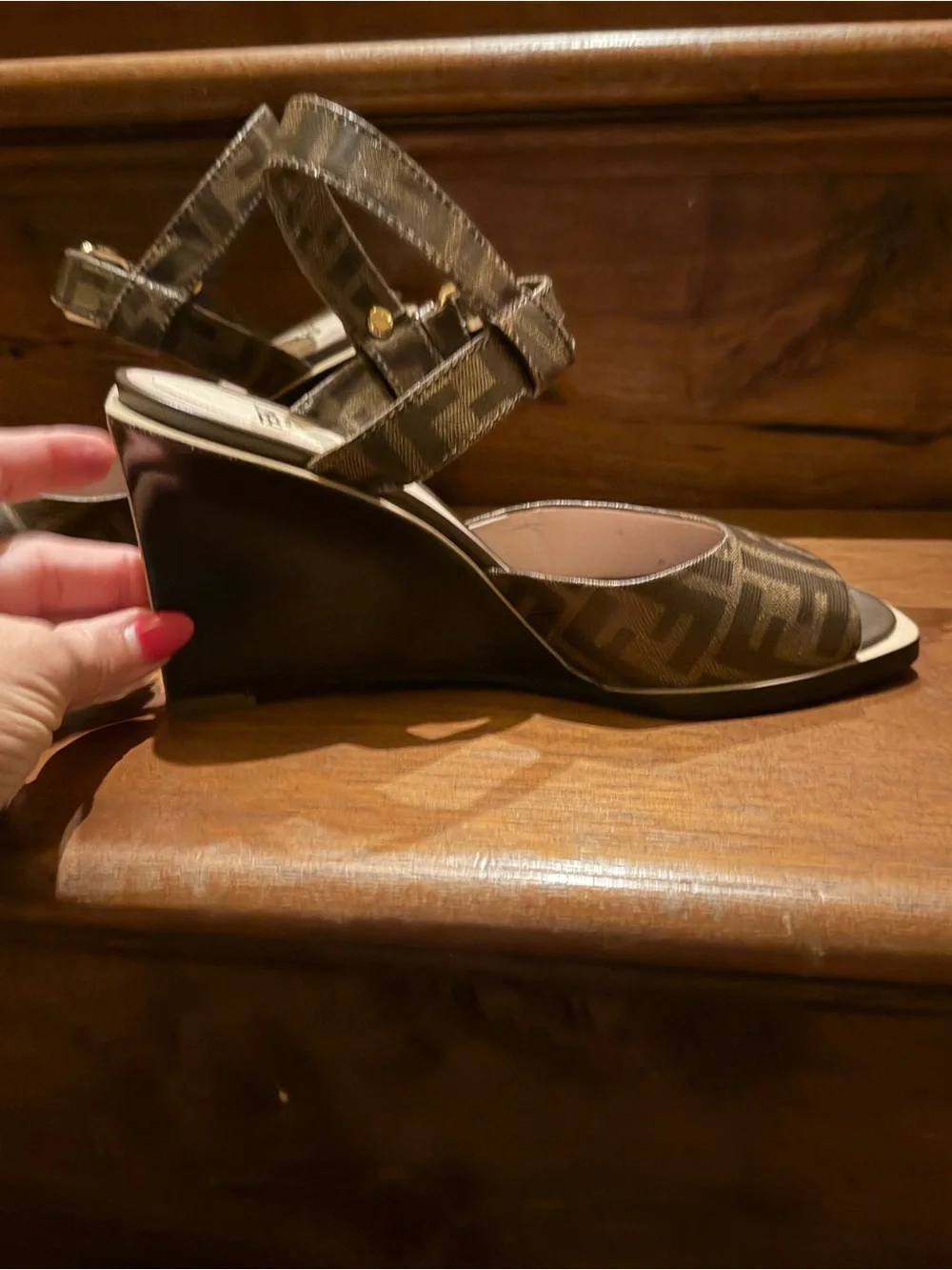 Fendi Brown Monogram Block Heel Sandals with Cream Platform size 38 (7.5).